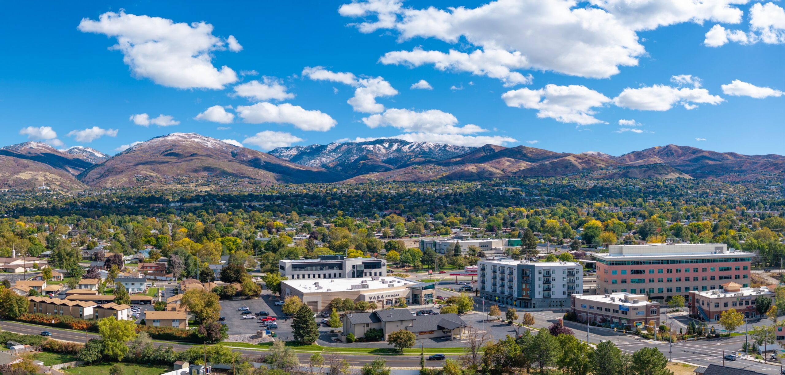 Aerial view of Bountiful Utah looking east to the Wasatch