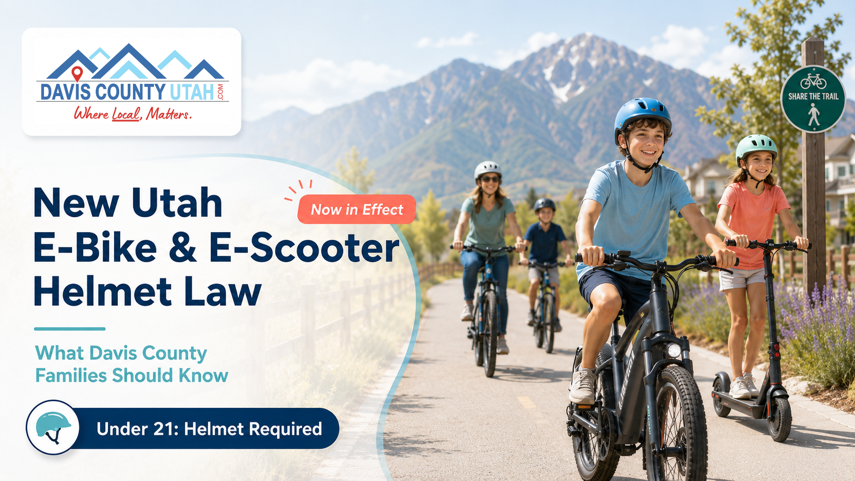 Family riding e-bikes and e-scooters on a Davis County trail with helmets, highlighting Utah’s new e-bike and e-scooter helmet law.