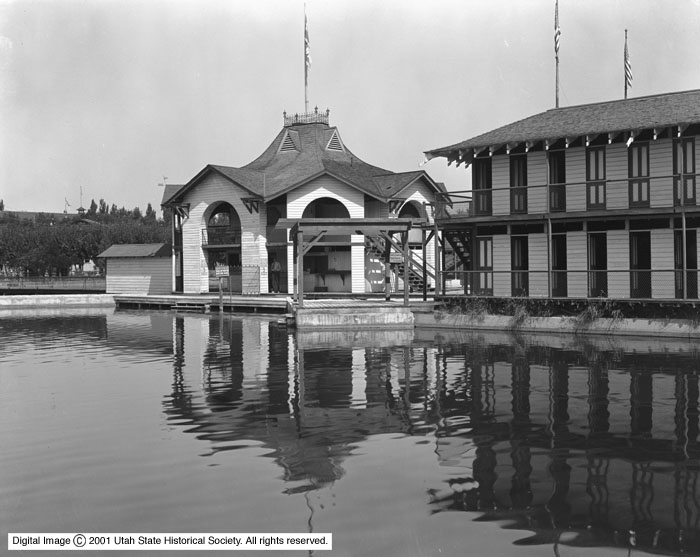 Panoramic view of the lake and pavilion at Lagoon resort near Farmington, Utah, in 1920.