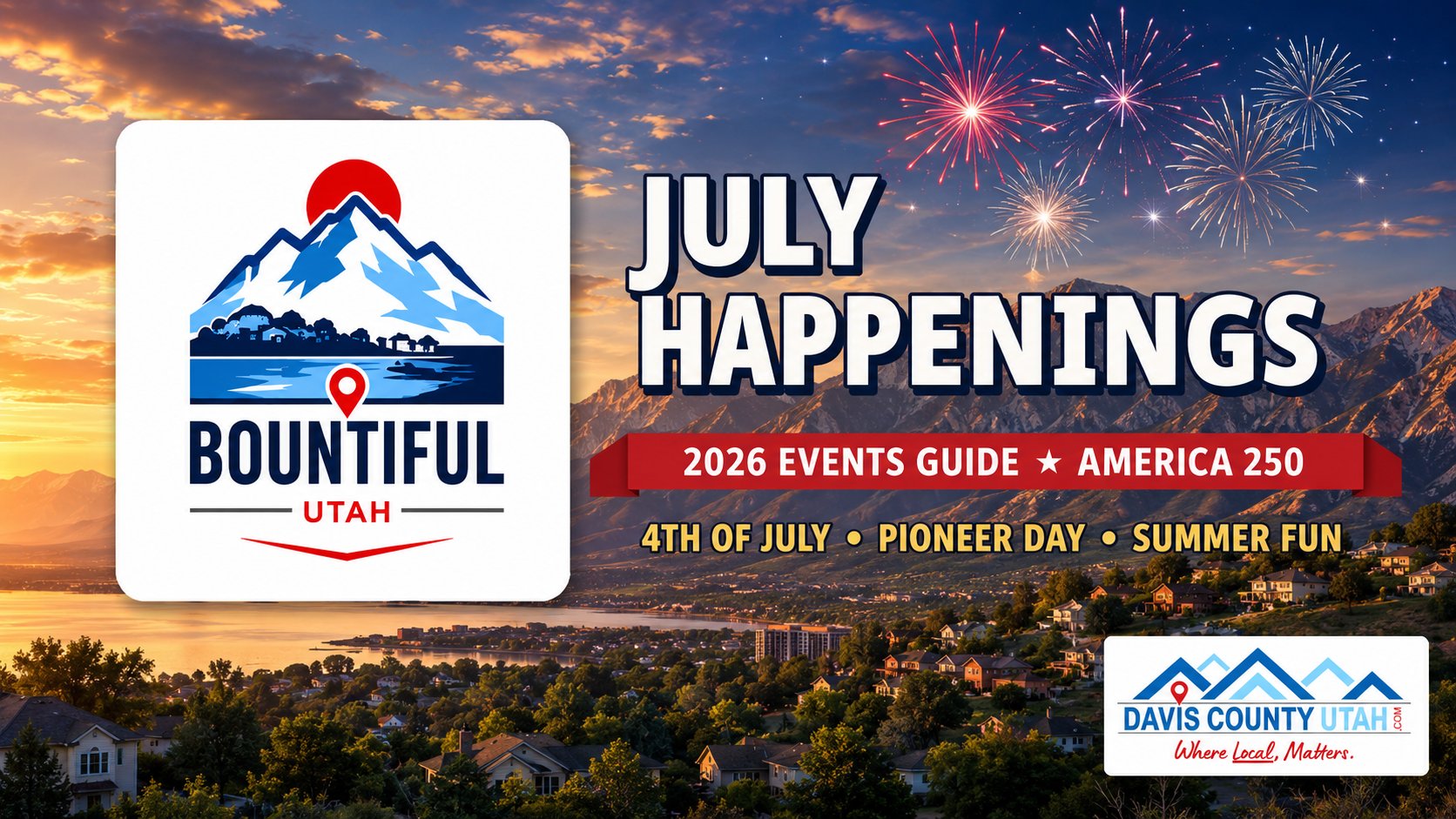 Bountiful Utah July 2026 events guide - July Happenings hero with the Bountiful city logo and fireworks over the Wasatch
