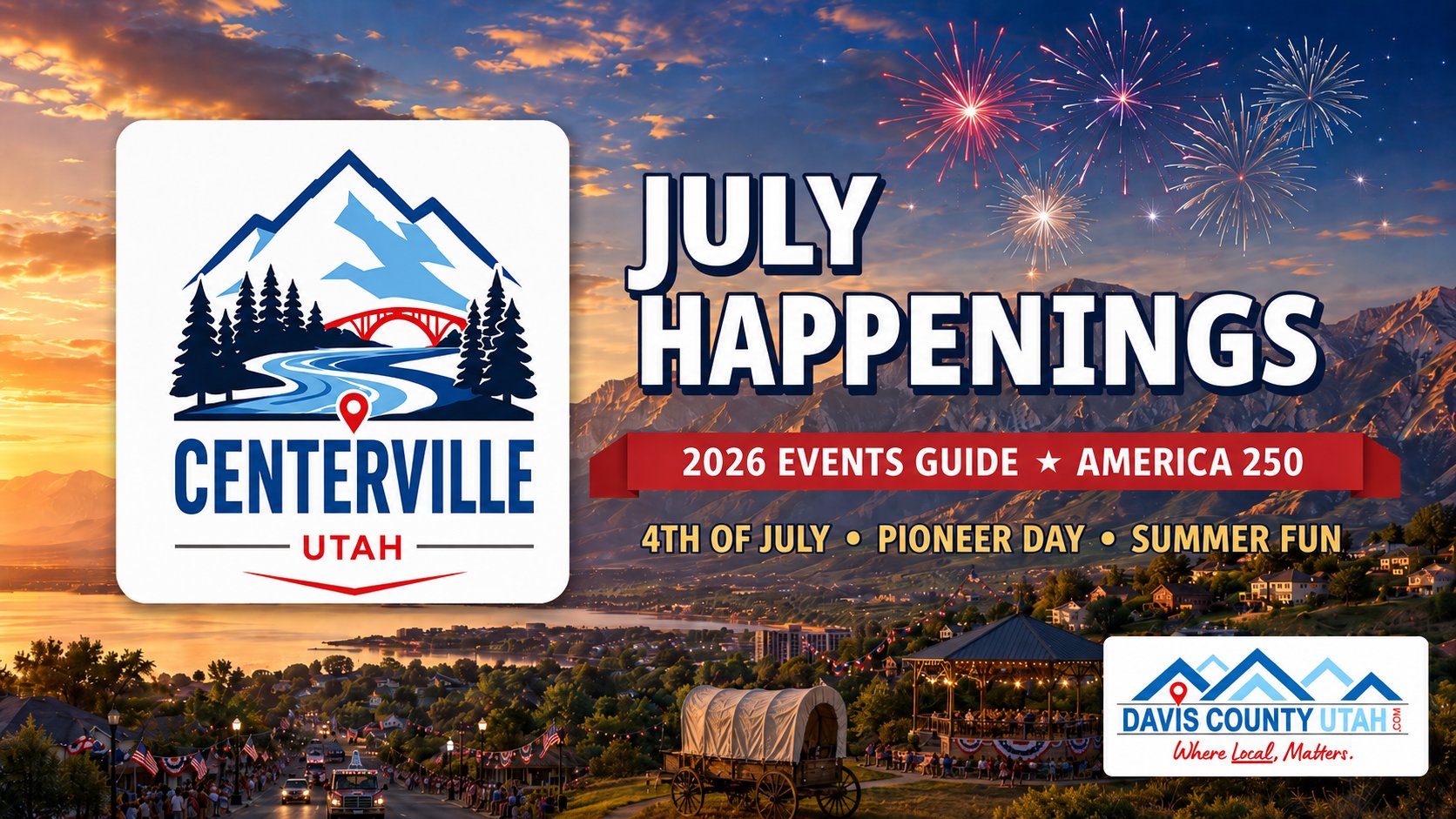 Centerville Utah July 2026 events guide - July Happenings hero with the Centerville city logo and fireworks over the Wasatch