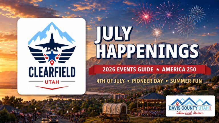 Clearfield Utah July 2026 events guide - July Happenings hero with the Clearfield city logo and fireworks over the Wasatch