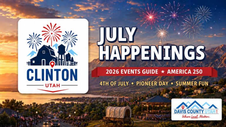 Clinton Utah July 2026 events guide - July Happenings hero with the Clinton city logo and fireworks over the Wasatch