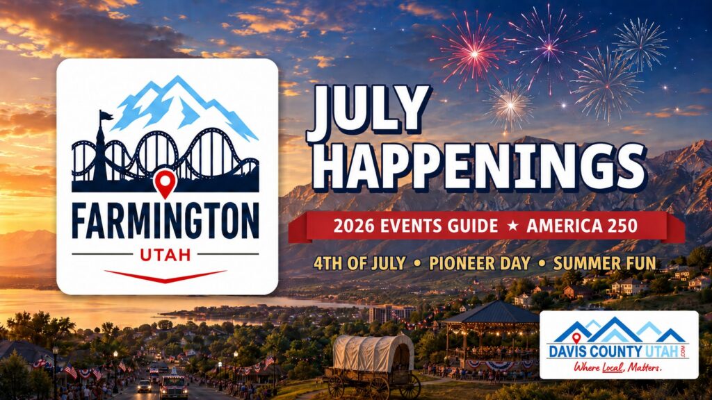 Farmington Utah July 2026 events guide - July Happenings hero with the Farmington city logo and fireworks over the Wasatch