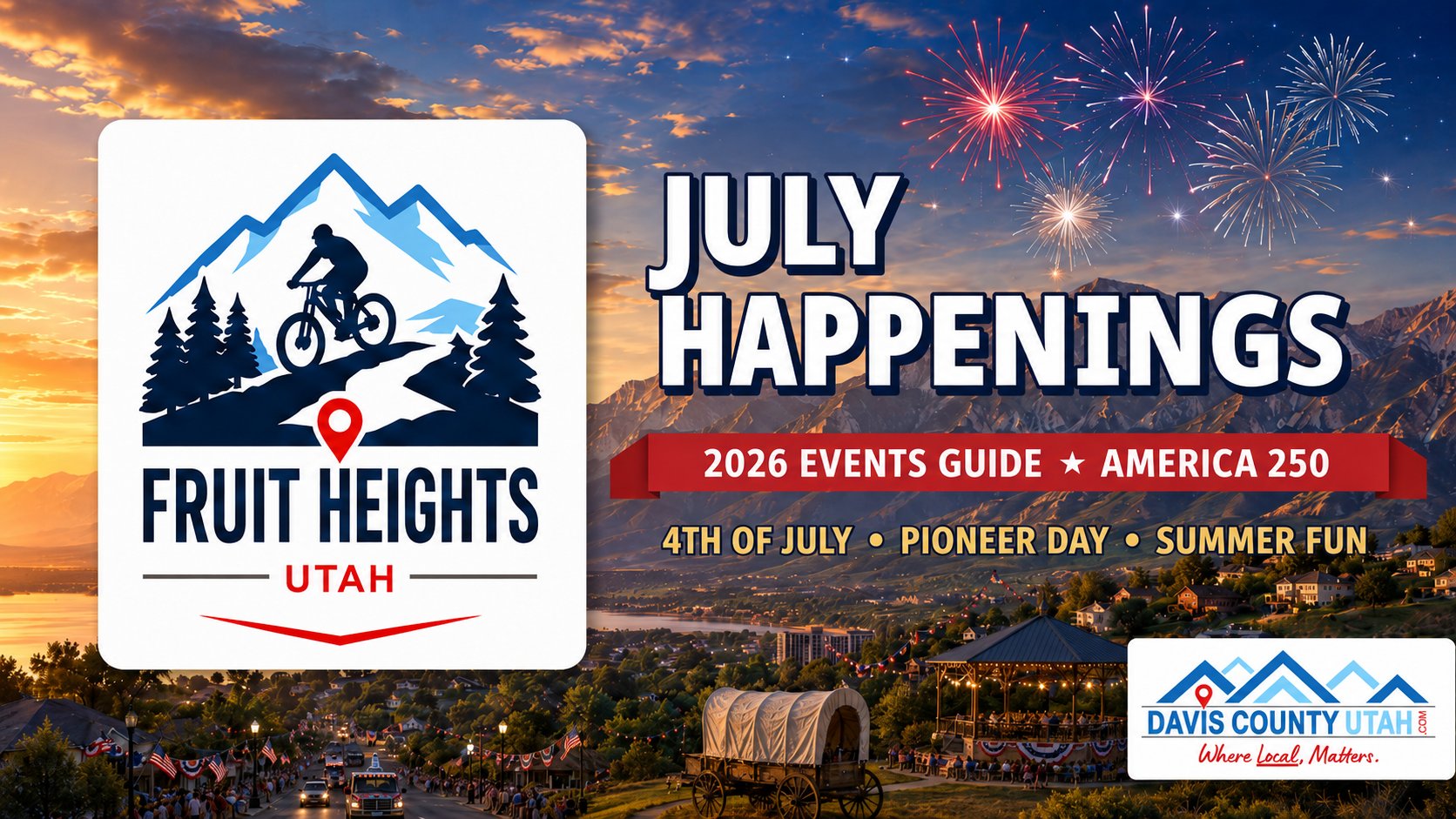 Fruit Heights Utah July 2026 events guide - July Happenings hero with the Fruit Heights city logo and fireworks over the Wasatch