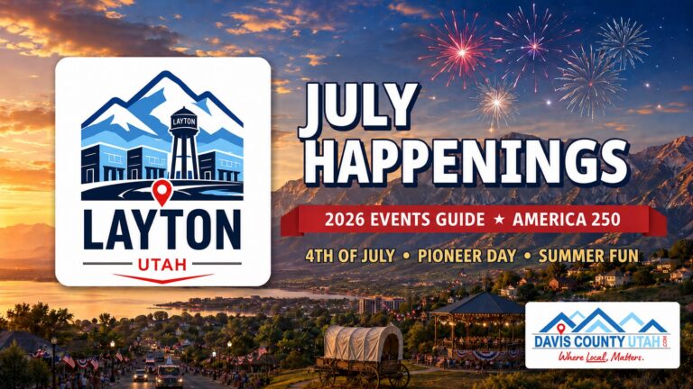 Layton Utah July 2026 events guide - July Happenings hero with the Layton city logo and fireworks over the Wasatch