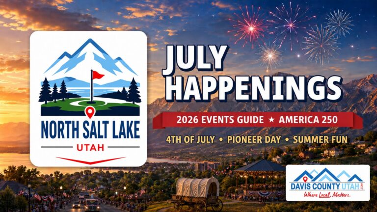 North Salt Lake Utah July 2026 events guide - July Happenings hero with the North Salt Lake city logo and fireworks over the Wasatch