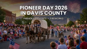 Covered wagon and Pioneer Day parade in Davis County with families, mountains and fireworks