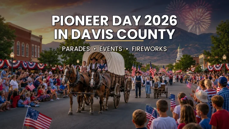 Covered wagon and Pioneer Day parade in Davis County with families, mountains and fireworks