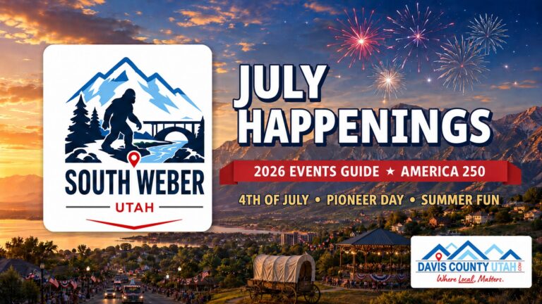 South Weber Utah July 2026 events guide - July Happenings hero with the South Weber city logo and fireworks over the Wasatch
