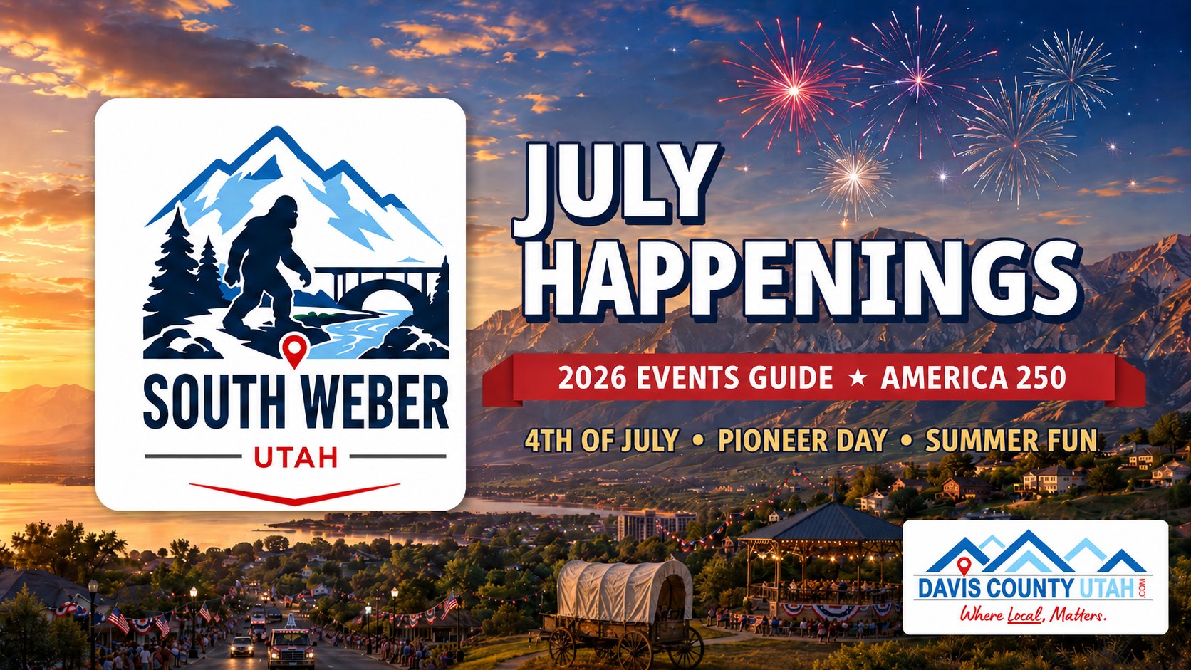 South Weber Utah July 2026 events guide - July Happenings hero with the South Weber city logo and fireworks over the Wasatch