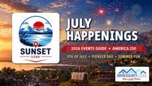 Sunset Utah July 2026 events guide - July Happenings hero with the Sunset city logo and fireworks over the Wasatch