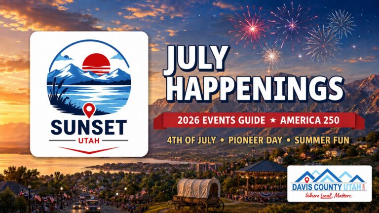 Sunset Utah July 2026 events guide - July Happenings hero with the Sunset city logo and fireworks over the Wasatch