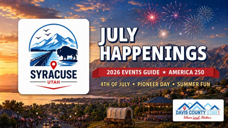 Syracuse Utah July 2026 events guide - July Happenings hero with the Syracuse city logo and fireworks over the Wasatch