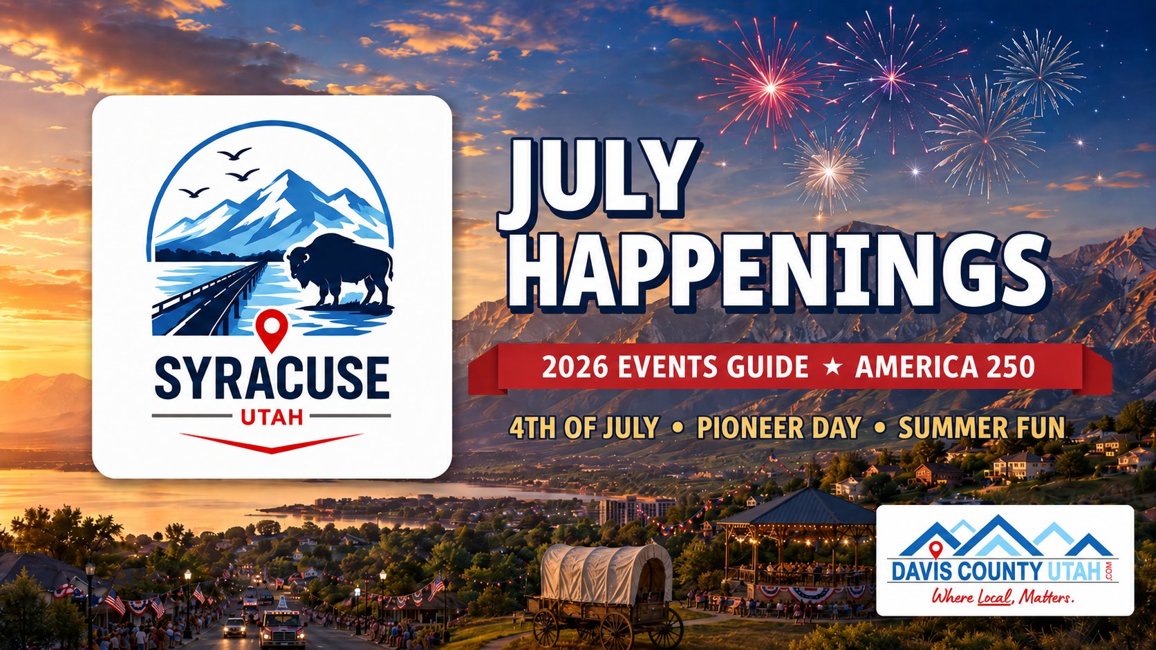 Syracuse Utah July 2026 events guide - July Happenings hero with the Syracuse city logo and fireworks over the Wasatch