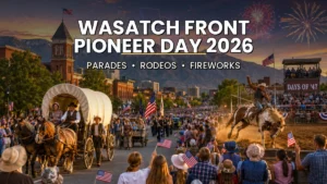 Pioneer Day parade and Days of '47 rodeo along the Wasatch Front with mountains, a drone show and fireworks