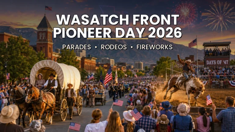 Pioneer Day parade and Days of '47 rodeo along the Wasatch Front with mountains, a drone show and fireworks
