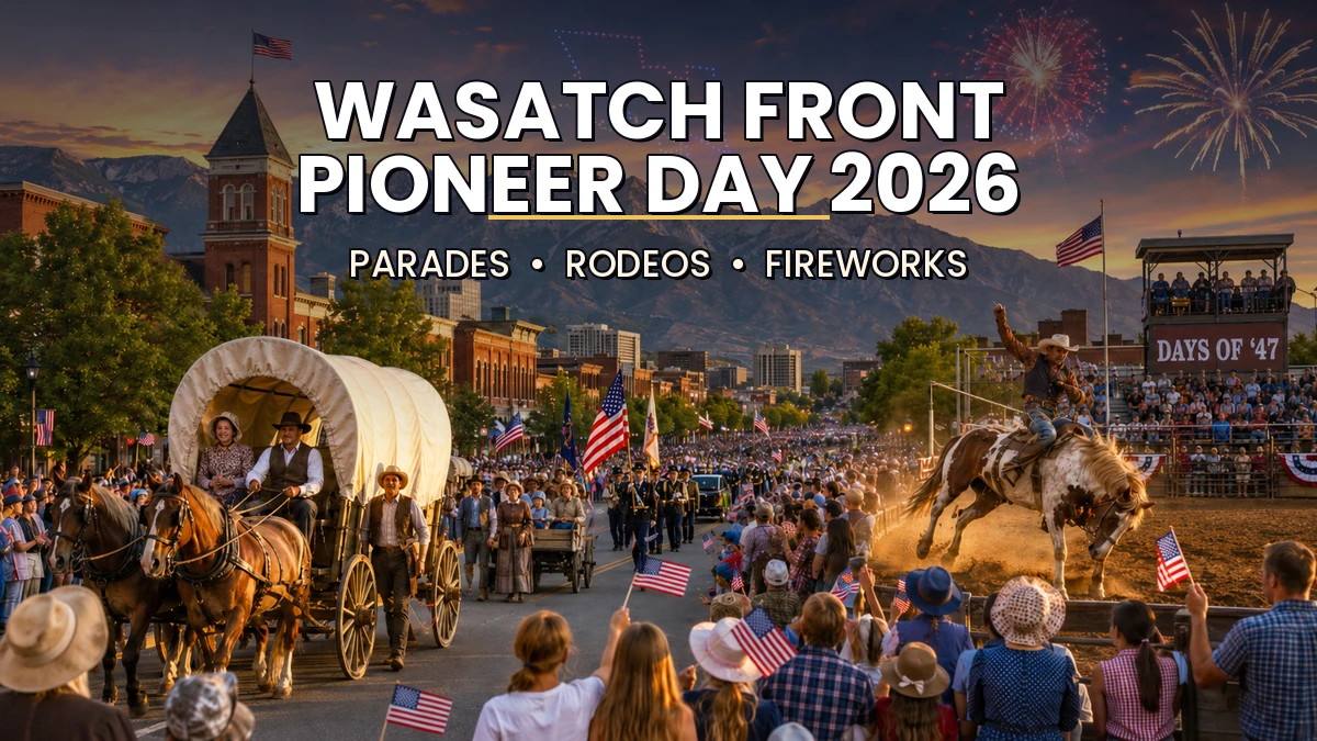 Pioneer Day parade and Days of '47 rodeo along the Wasatch Front with mountains, a drone show and fireworks