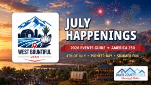 West Bountiful Utah July 2026 events guide - July Happenings hero with the West Bountiful city logo and fireworks over the Wasatch