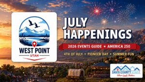 West Point Utah July 2026 events guide - July Happenings hero with the West Point city logo and fireworks over the Wasatch