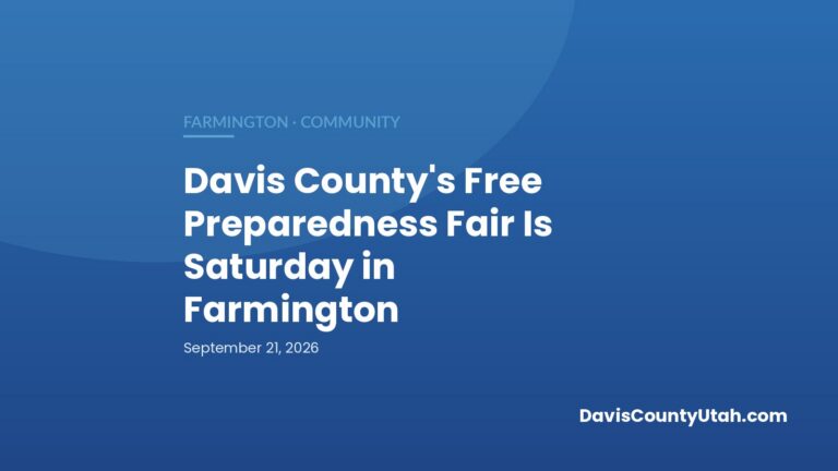 Blue DCU banner reading: Davis County’s Free Preparedness Fair Is Saturday in Farmington, community news.
