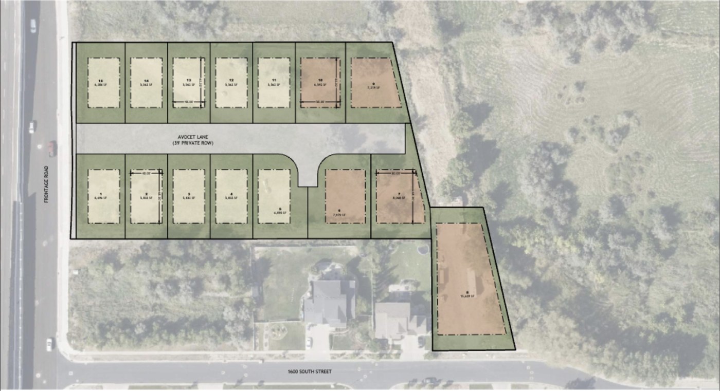 Avocet Subdivision conceptual site plan: 15 lots on Avocet Lane between the I-15 Frontage Road and 1600 South, Farmington