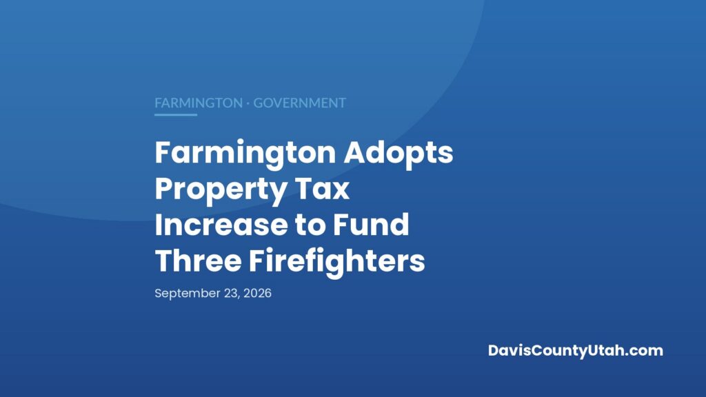 Editorial graphic: Farmington Adopts Property Tax Increase to Fund Three Firefighters — DavisCountyUtah.com