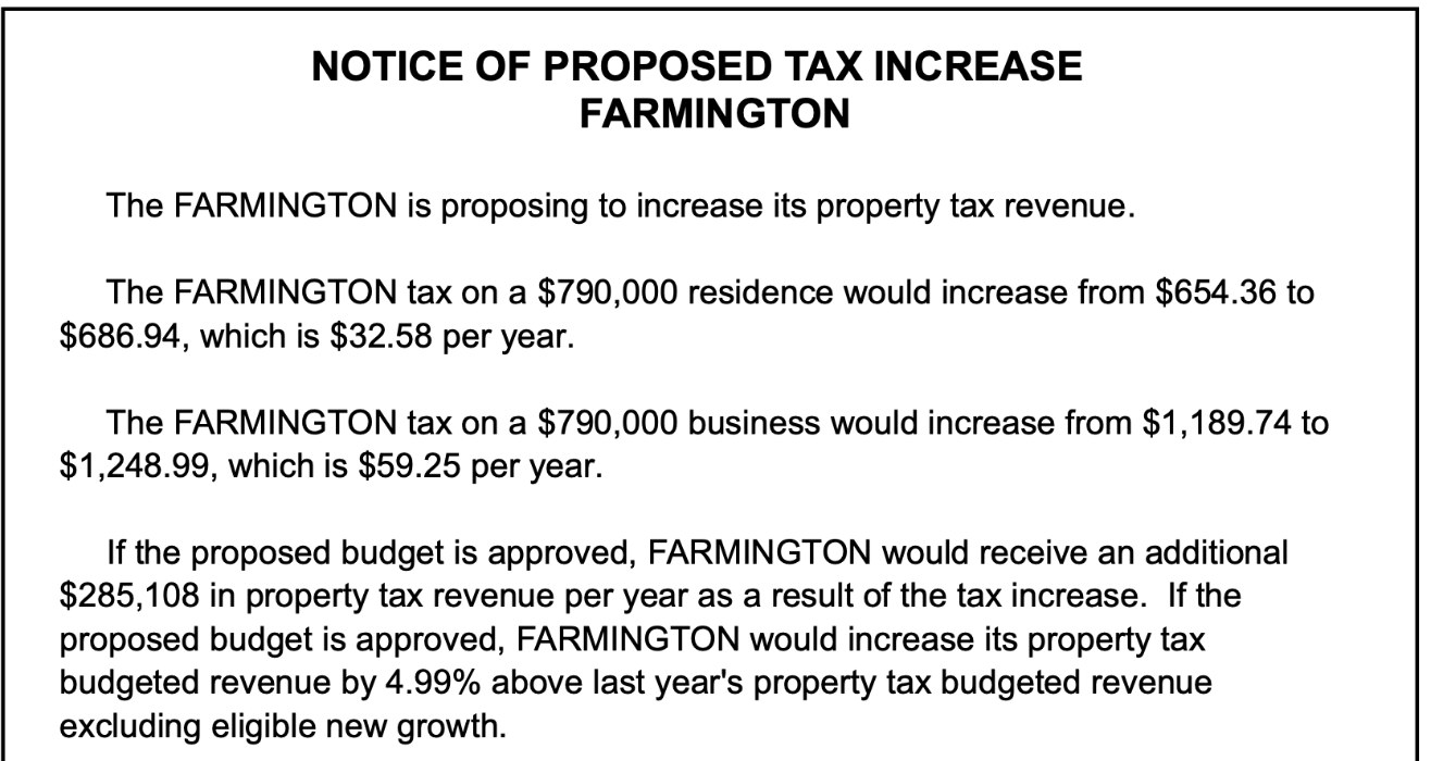 Farmington City Notice of Proposed Tax Increase, FY2027: tax on a $790,000 home rises from $654.36 to $686.94