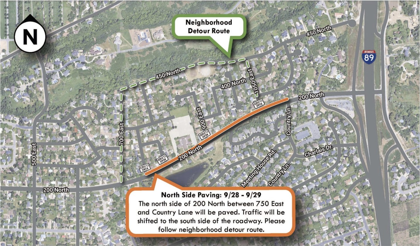Kaysville City map of 200 North north-side paving on Sept. 28-29 between 750 East and Country Lane, with a neighborhood detour via 700 East and 450 North.