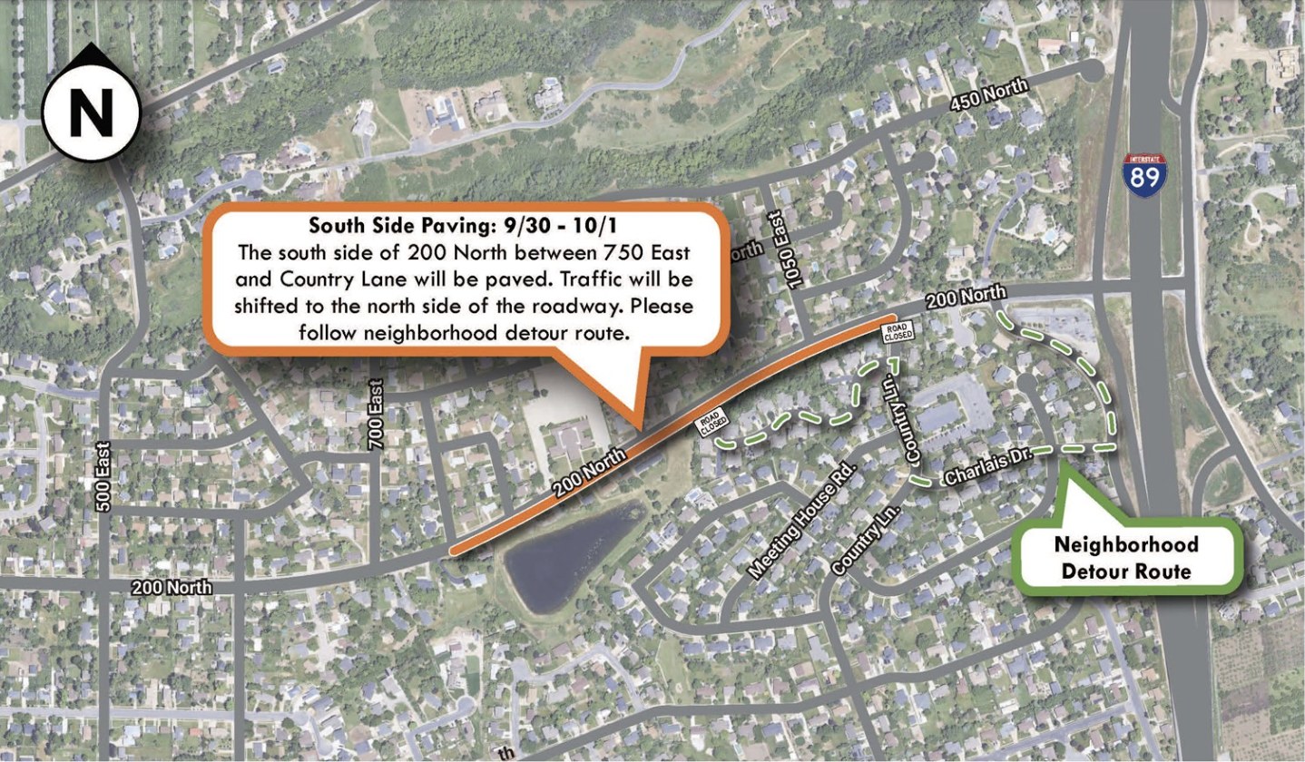 Kaysville City map of 200 North south-side paving on Sept. 30-Oct. 1 between 750 East and Country Lane, with a neighborhood detour via Country Lane and Charlais Drive.