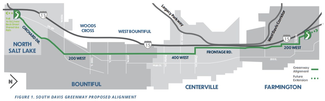 South Davis Greenway proposed alignment map from North Salt Lake to Farmington along the east side of I-15
