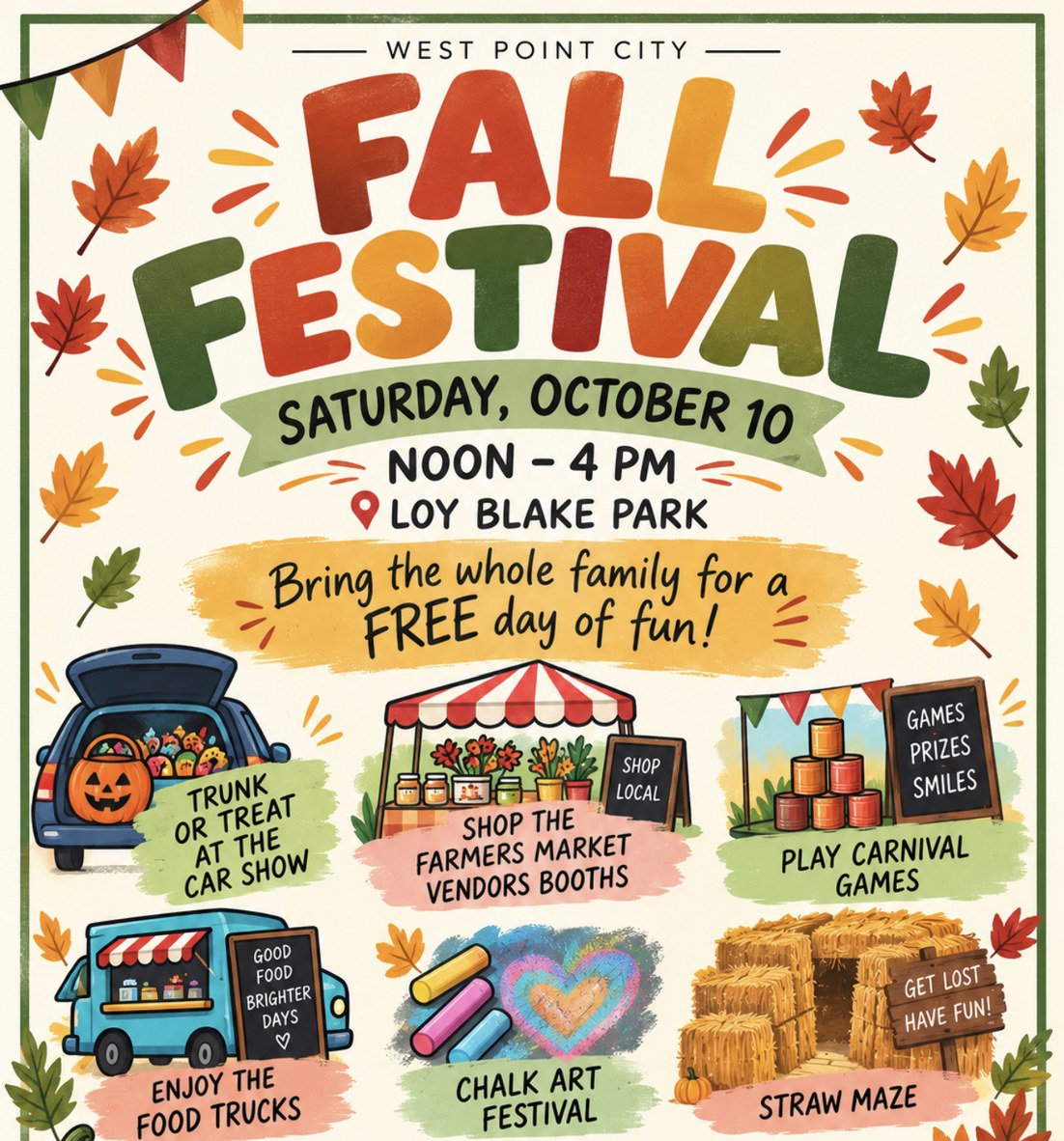 West Point City Fall Festival flyer: Saturday, Oct. 10, noon–4 p.m., Loy Blake Park, free — trunk or treat car show, farmers market, carnival games, food trucks, chalk art, straw maze.