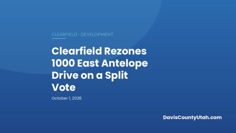 Editorial graphic: Clearfield Rezones 1000 East Antelope Drive on a Split Vote — DavisCountyUtah.com
