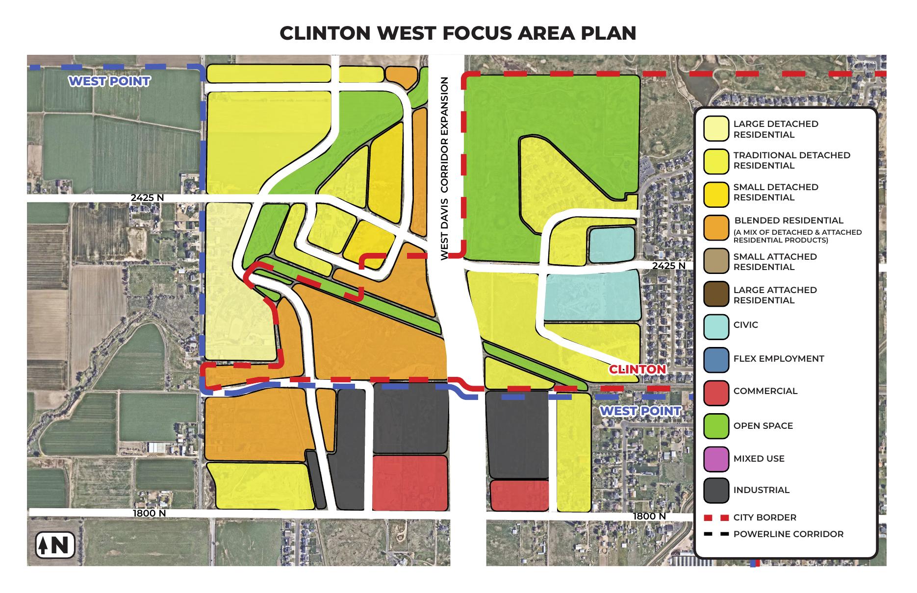 Draft future land-use map of the Clinton West Focus Area showing detached and blended residential areas, civic sites, open space along the powerline corridor, the West Davis Corridor alignment, and commercial and industrial land in West Point City.