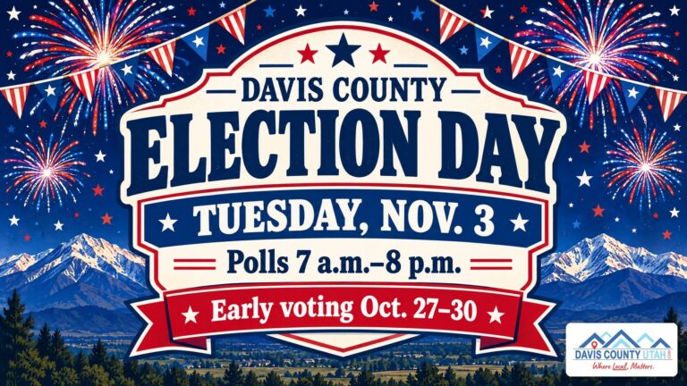 Red, white and blue fireworks over the Wasatch Mountains with text reading Davis County Election Day, Tuesday, Nov. 3, polls 7 a.m. to 8 p.m., early voting Oct. 27 to 30