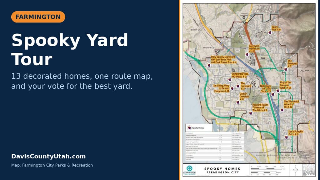 Farmington Spooky Yard Tour graphic with the city map of 13 decorated homes