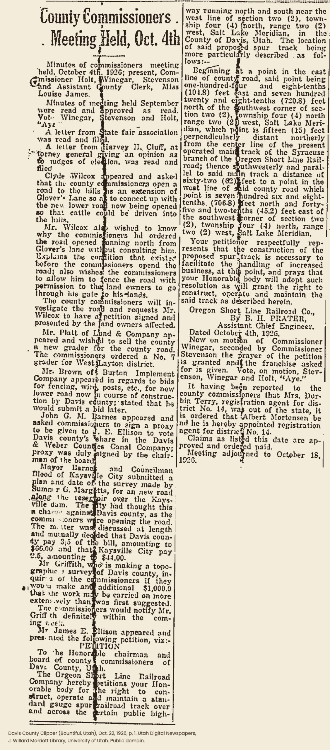 Full Davis County Clipper column, Oct. 22, 1926: County Commissioners Meeting Held, Oct. 4th