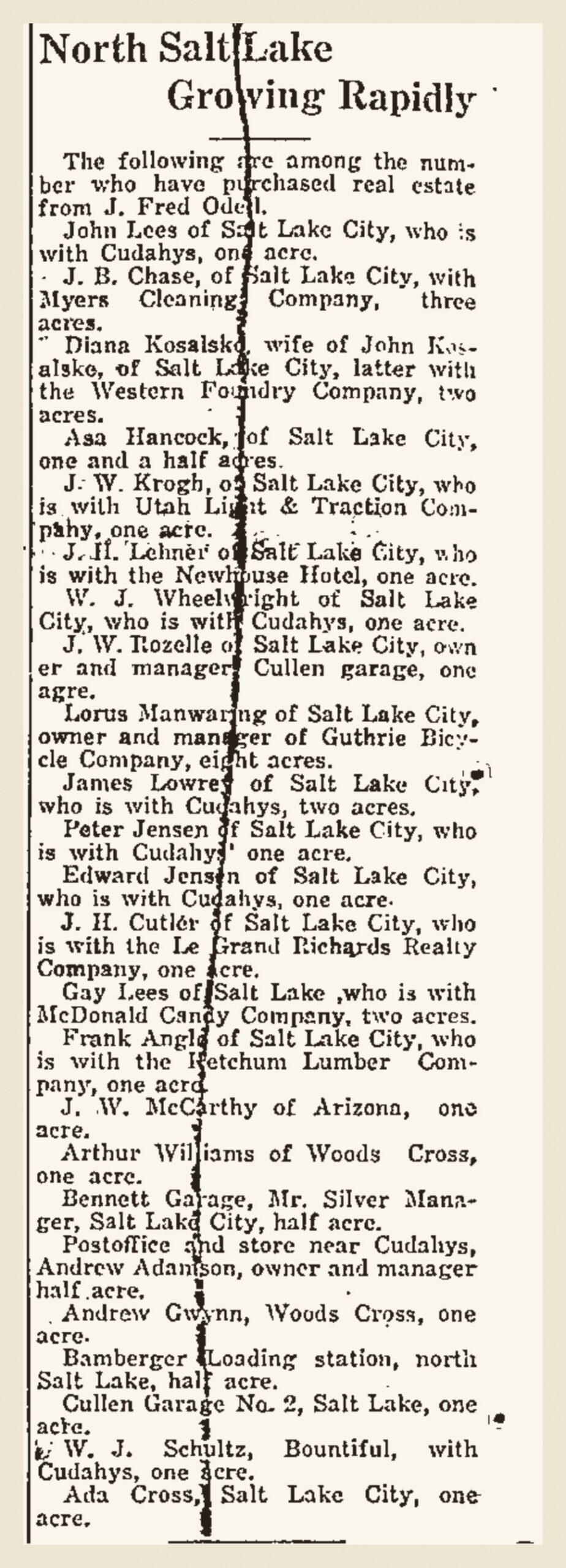 Davis County Clipper column from October 15, 1926 headlined "North Salt Lake Growing Rapidly," listing buyers of land in North Salt Lake