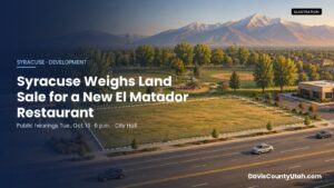 Illustration of a vacant lot on Antelope Drive beside a Syracuse park with baseball fields, with the headline Syracuse Weighs Land Sale for a New El Matador Restaurant — DavisCountyUtah.com