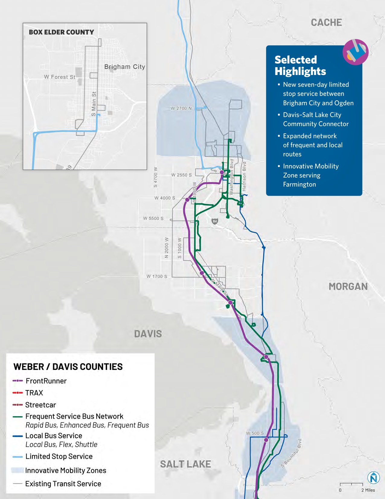UTA Moves 2050 transit network map for Weber and Davis counties showing FrontRunner, frequent bus routes and the Farmington Innovative Mobility Zone