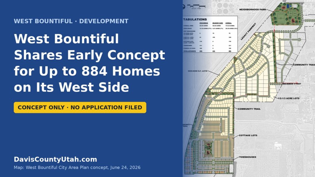Editorial graphic: West Bountiful shares early concept for up to 884 homes on its west side, over the city's concept map — DavisCountyUtah.com