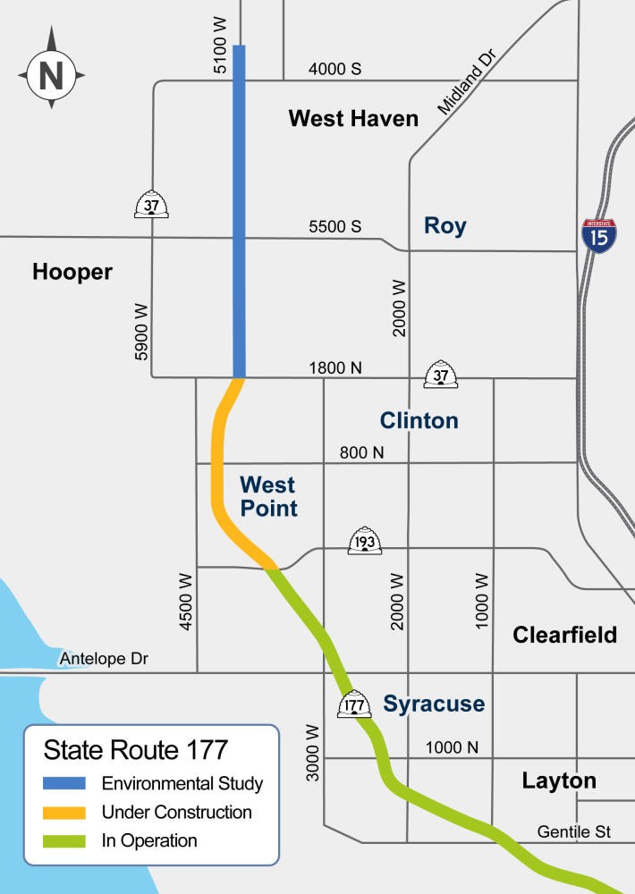 UDOT map of State Route 177 showing the segment in operation through Syracuse, the segment under construction in West Point, and the environmental study segment along 5100 West from 1800 North in West Point to 4000 South in West Haven
