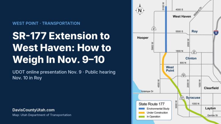 SR-177 Extension to West Haven: How to Weigh In Nov. 9–10, beside UDOT's map of the SR-177 study area through West Point, Hooper and West Haven